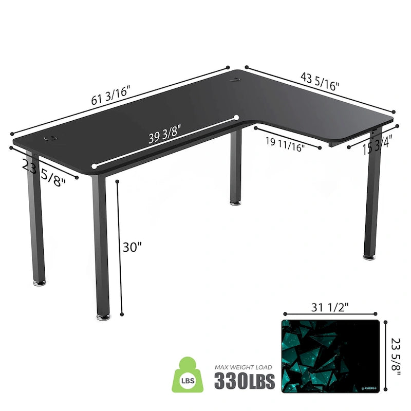 Grand bureau d'angle en L de 60 pouces avec tapis de souris pour bureau à domicile
