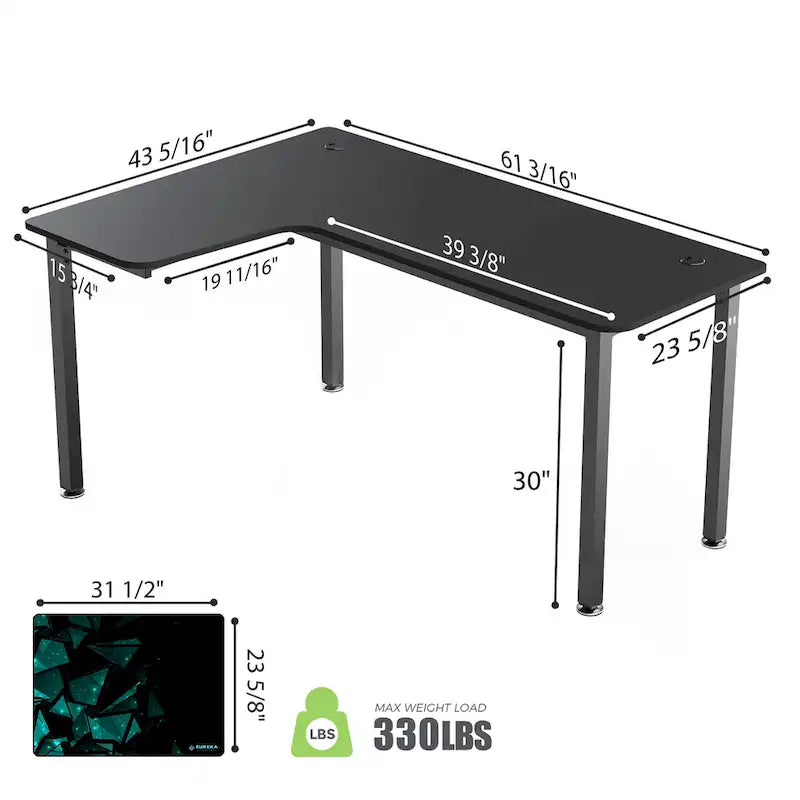 Grand bureau d'angle en L de 60 pouces avec tapis de souris pour bureau à domicile