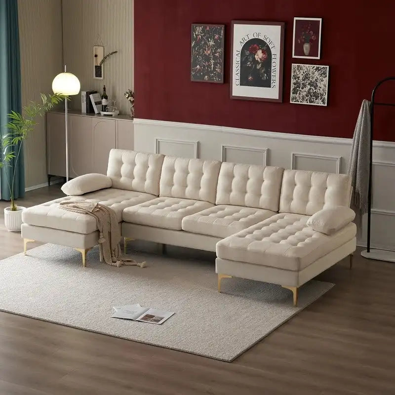 Canapé sectionnel beige en U avec accoudoirs et dossier rembourrés