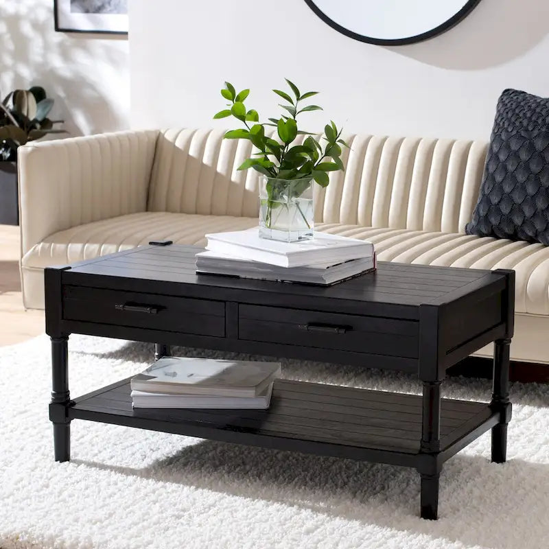 Table basse avec deux tiroirs et étagère inférieure — 37,8" L x 19" l x 19" H — 38" L x 19" P x 19" H