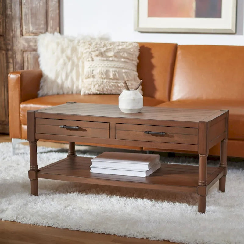 Table basse avec deux tiroirs et étagère inférieure — 37,8" L x 19" l x 19" H — 38" L x 19" P x 19" H