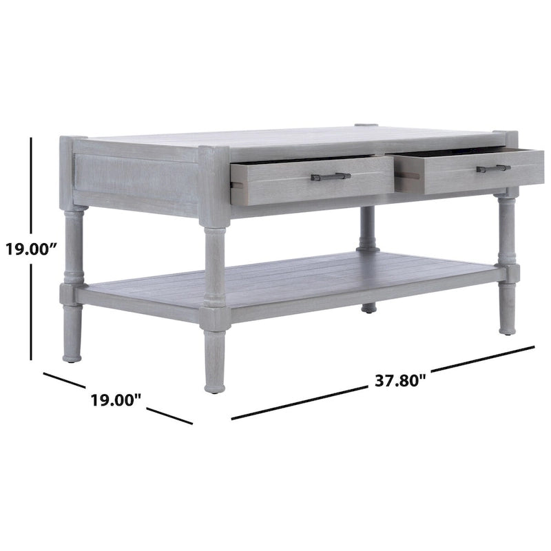 Table basse avec deux tiroirs et étagère inférieure — 37,8" L x 19" l x 19" H — 38" L x 19" P x 19" H