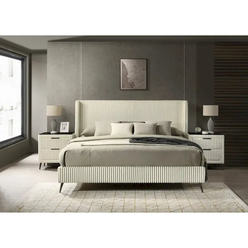 Roundhill Furniture Mavela Wide Wale Corduroy Upholstery Panel Bed with 2 Nightstands, Cream