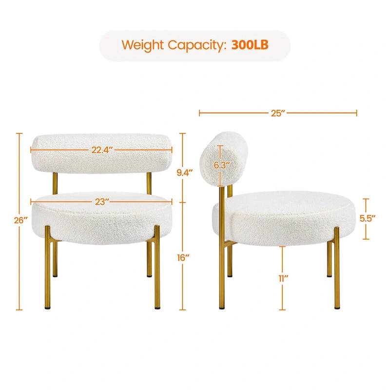 Fauteuil Bouclé, avec pieds en métal doré et assise ronde rembourrée — Blanc