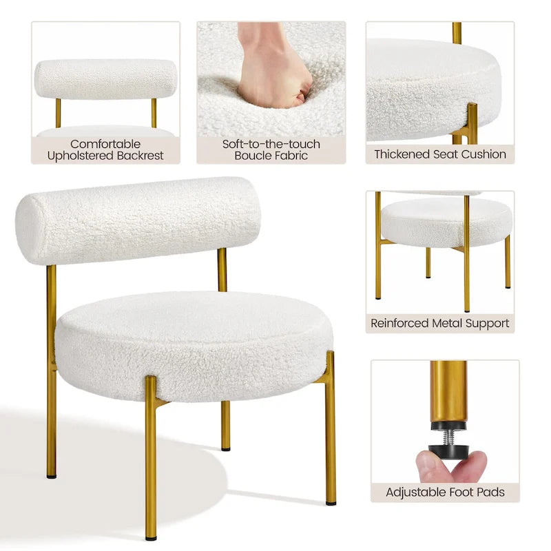 Fauteuil Bouclé, avec pieds en métal doré et assise ronde rembourrée — Blanc