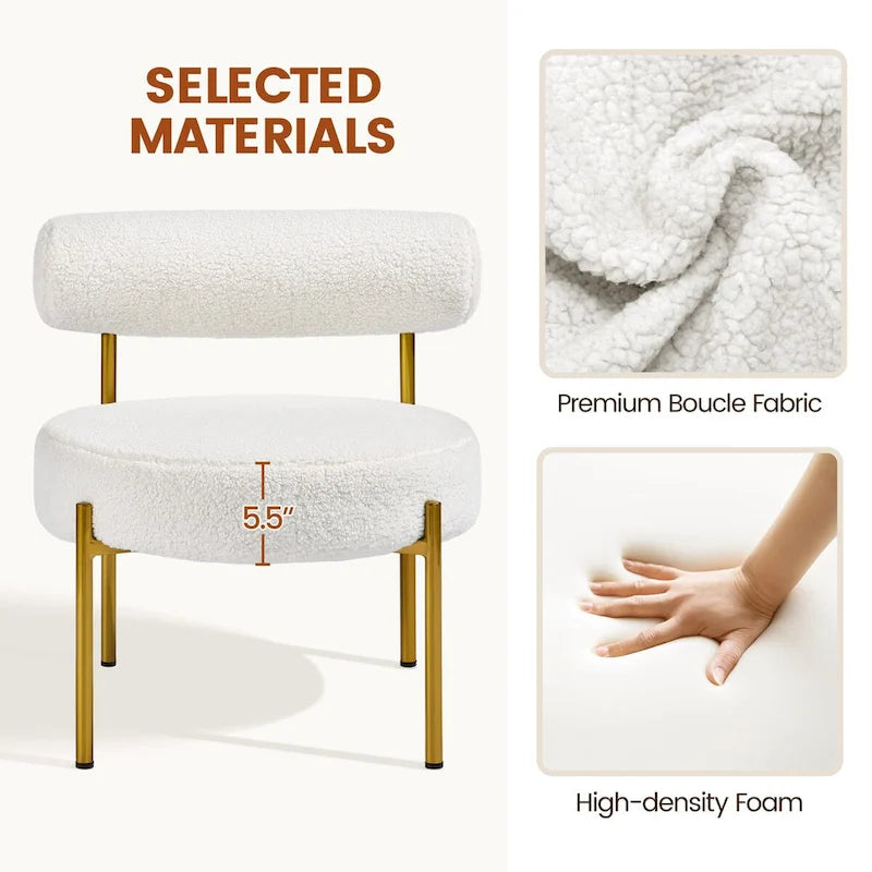 Fauteuil Bouclé, avec pieds en métal doré et assise ronde rembourrée — Blanc