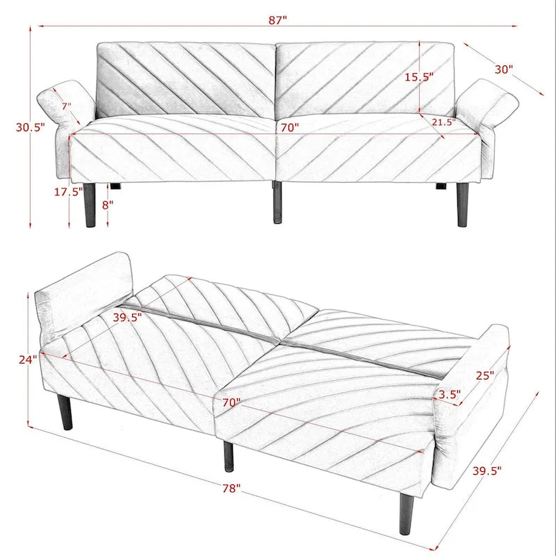 Canapé-lit pliable convertible en velours avec accoudoirs réglables