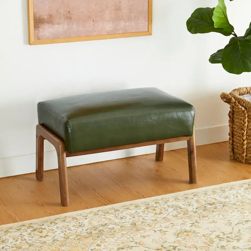 Tabouret d'appoint de 62 cm de large en similicuir (avec pieds en hévéa finition noyer)