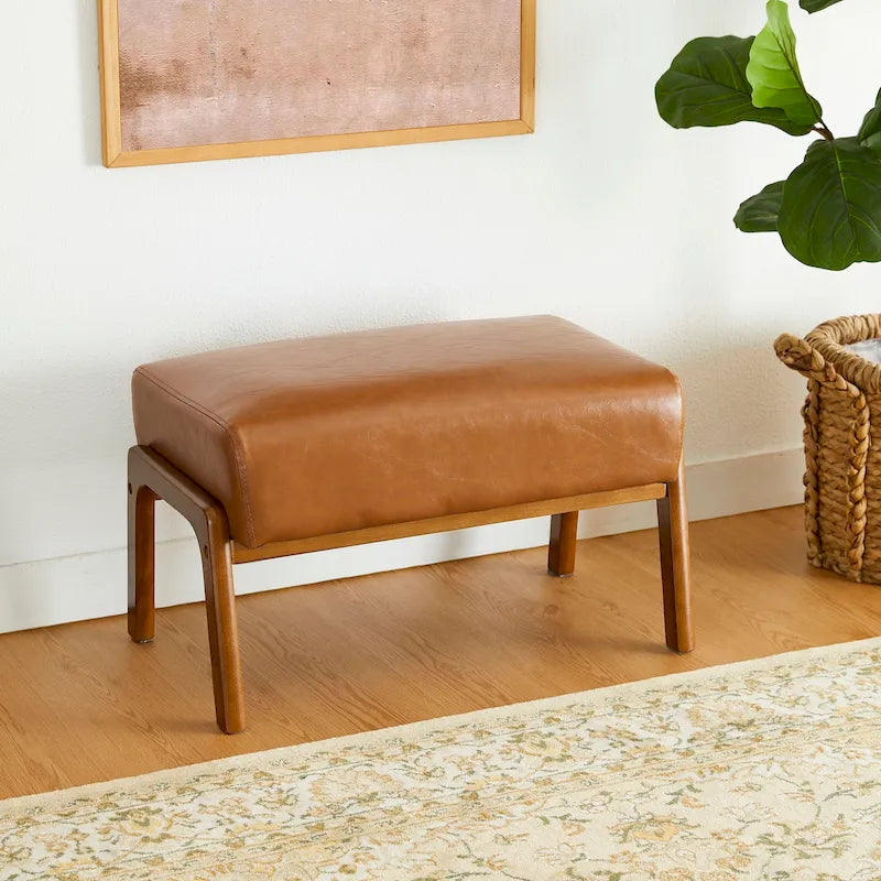 Tabouret d'appoint de 62 cm de large en similicuir (avec pieds en hévéa finition noyer)