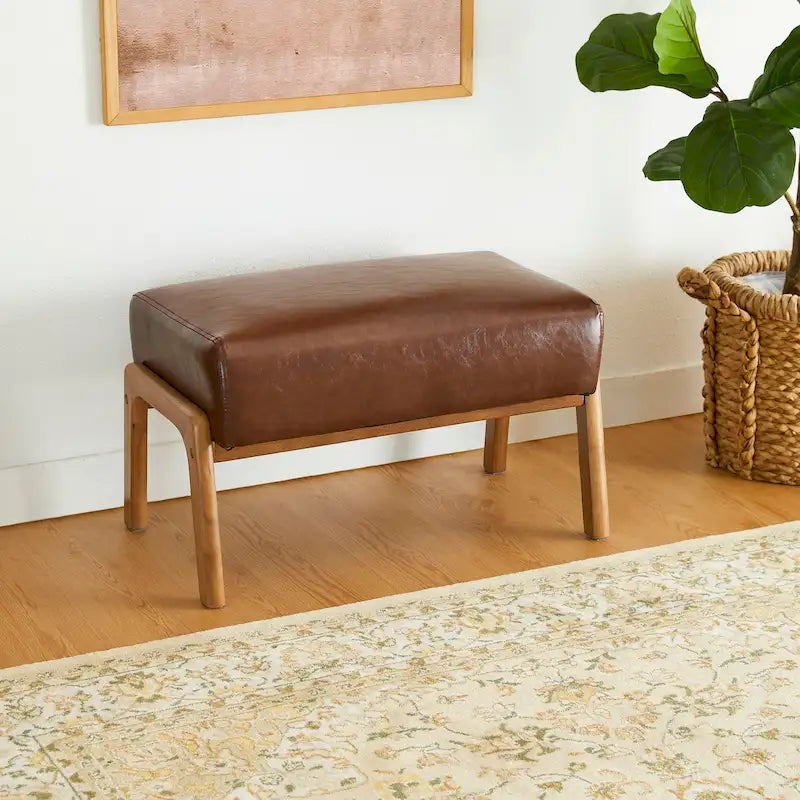 Tabouret d'appoint de 62 cm de large en similicuir (avec pieds en hévéa finition noyer)