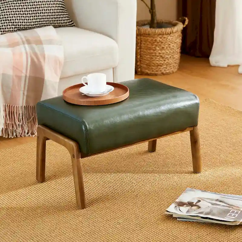 Tabouret d'appoint de 62 cm de large en similicuir (avec pieds en hévéa finition noyer)