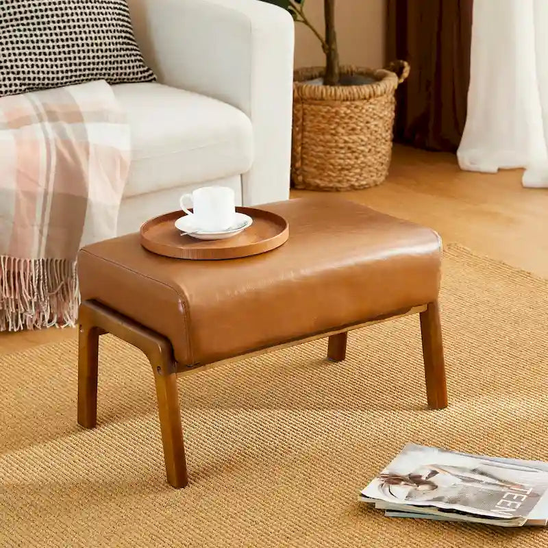 Tabouret d'appoint de 62 cm de large en similicuir (avec pieds en hévéa finition noyer)