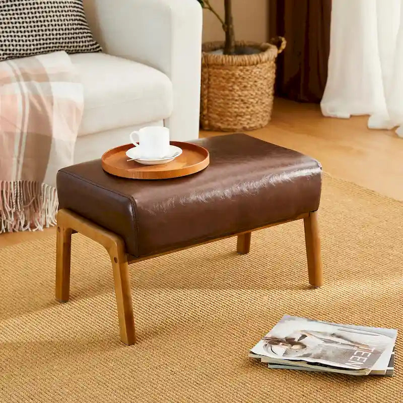 Tabouret d'appoint de 62 cm de large en similicuir (avec pieds en hévéa finition noyer)