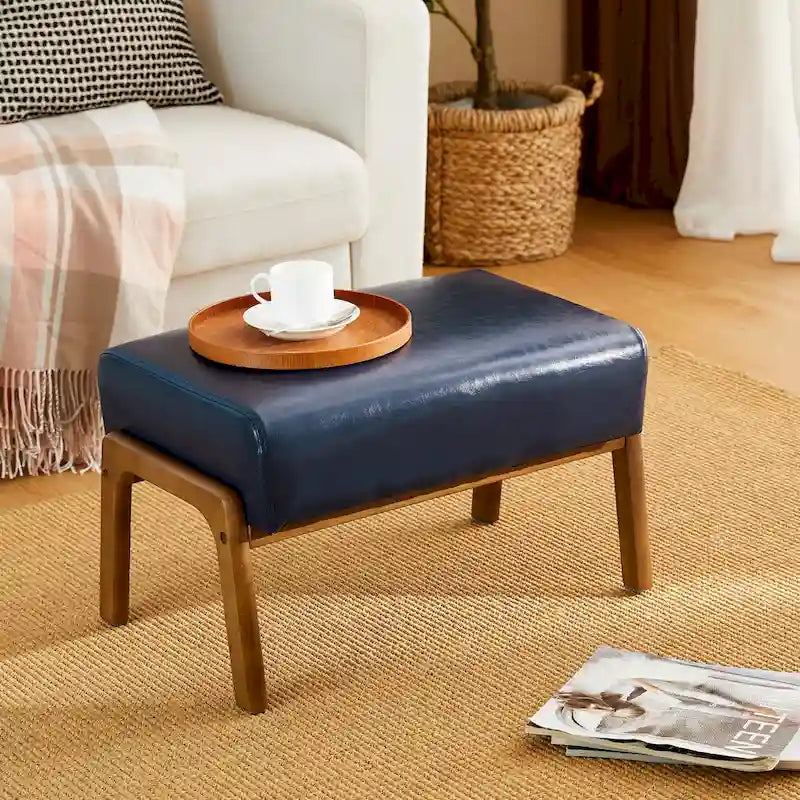 Tabouret d'appoint de 62 cm de large en similicuir (avec pieds en hévéa finition noyer)