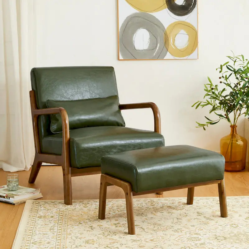 Tabouret d'appoint de 62 cm de large en similicuir (avec pieds en hévéa finition noyer)