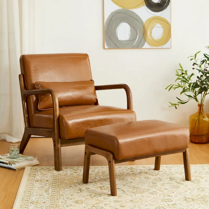 Tabouret d'appoint de 62 cm de large en similicuir (avec pieds en hévéa finition noyer)
