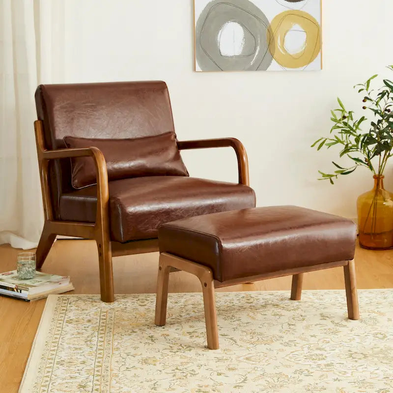 Tabouret d'appoint de 62 cm de large en similicuir (avec pieds en hévéa finition noyer)
