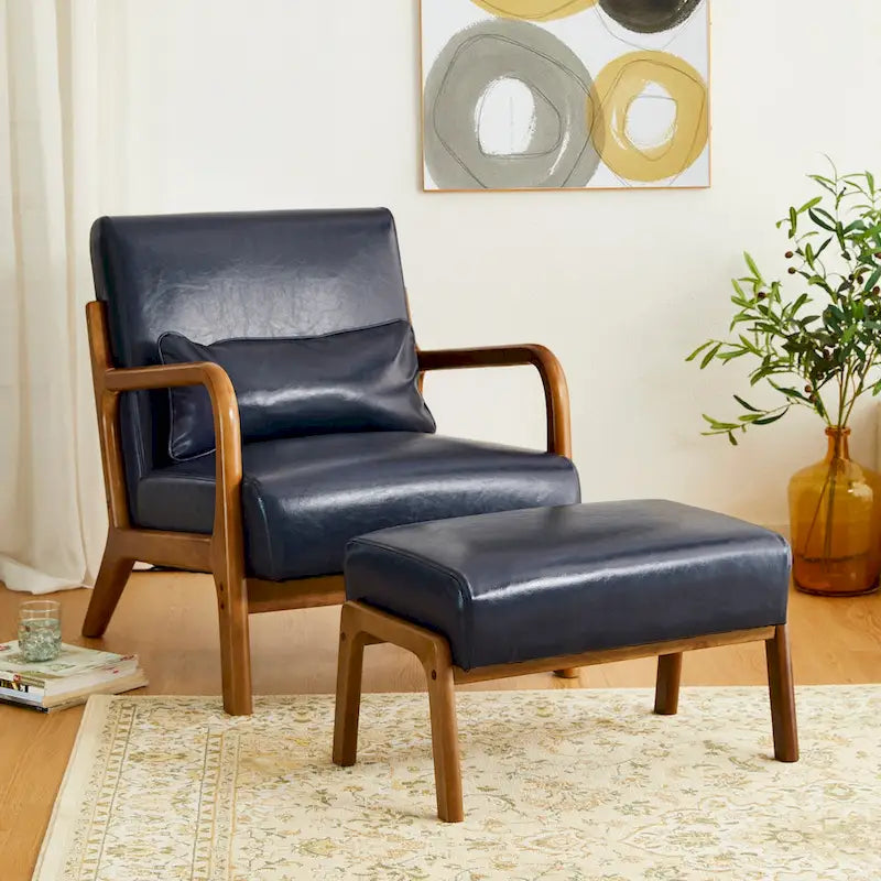 Tabouret d'appoint de 62 cm de large en similicuir (avec pieds en hévéa finition noyer)