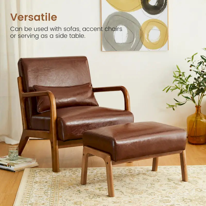 Tabouret d'appoint de 62 cm de large en similicuir (avec pieds en hévéa finition noyer)
