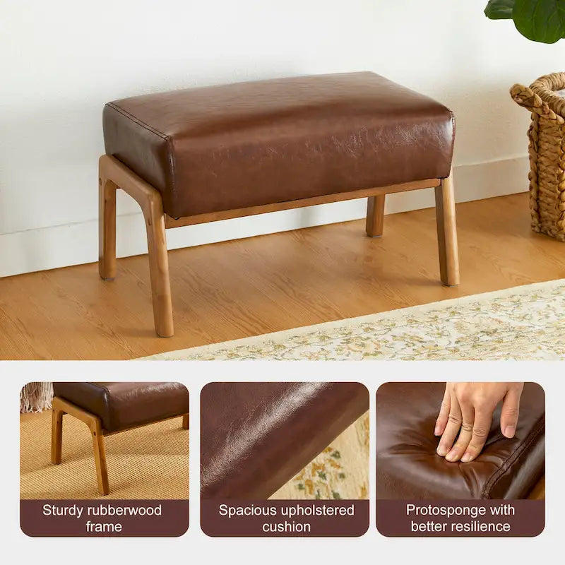 Tabouret d'appoint de 62 cm de large en similicuir (avec pieds en hévéa finition noyer)