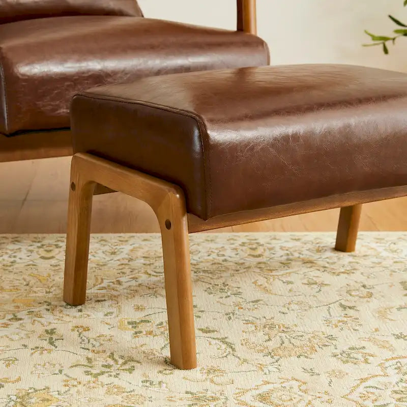 Tabouret d'appoint de 62 cm de large en similicuir (avec pieds en hévéa finition noyer)