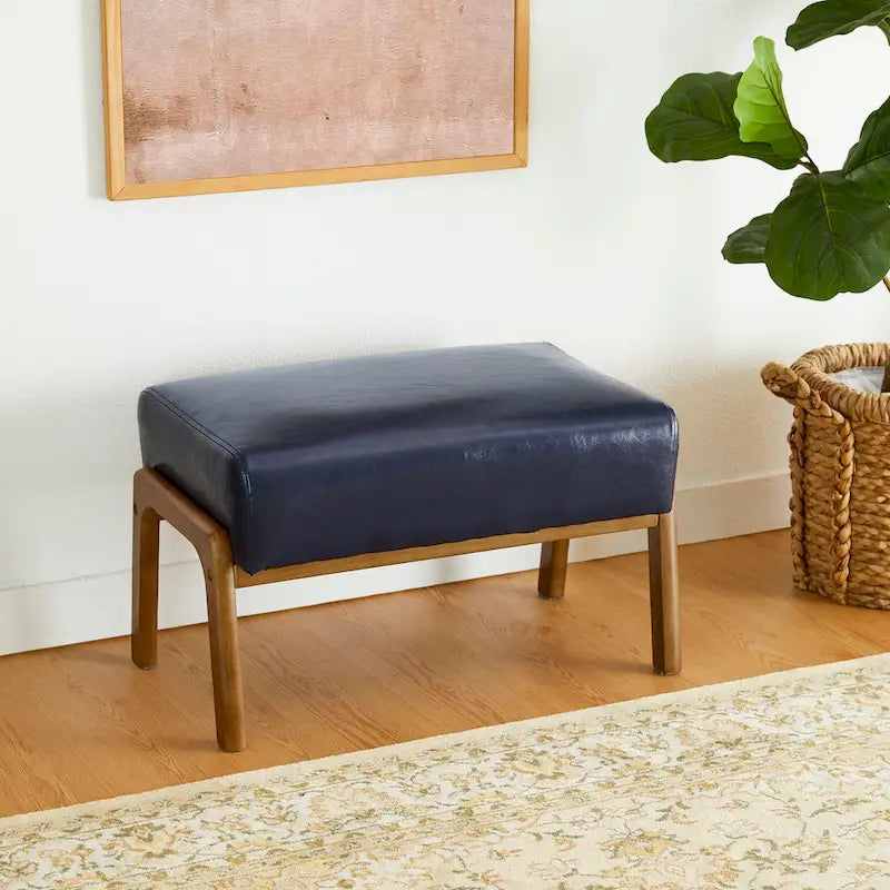 Tabouret d'appoint de 62 cm de large en similicuir (avec pieds en hévéa finition noyer)
