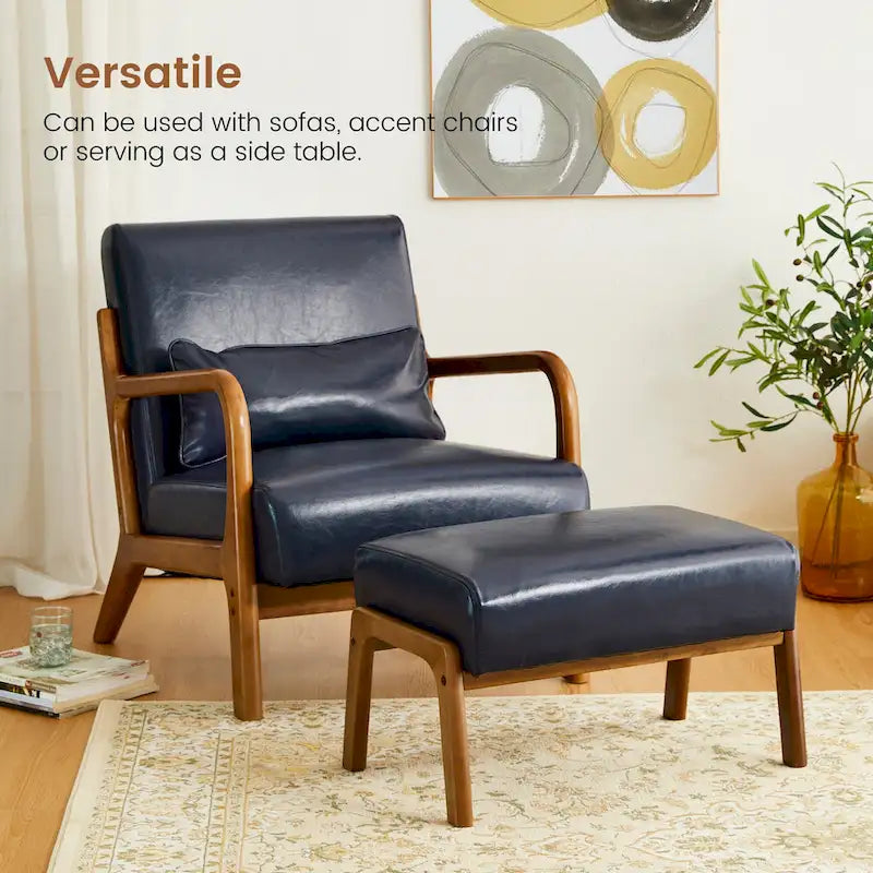 Tabouret d'appoint de 62 cm de large en similicuir (avec pieds en hévéa finition noyer)