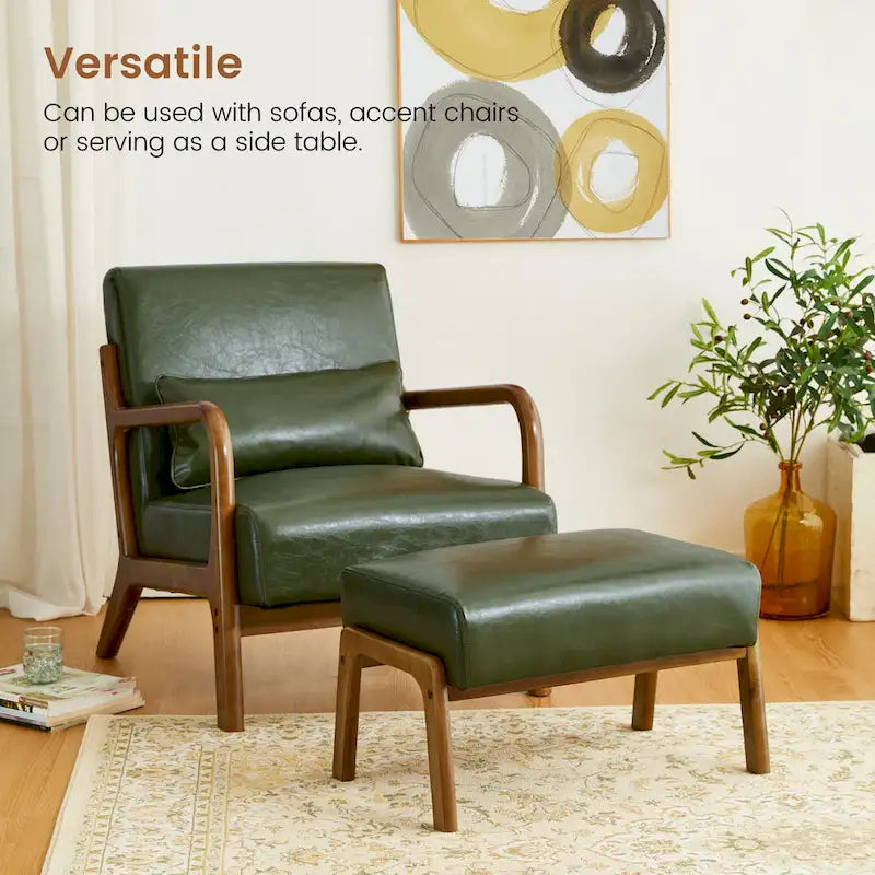 Tabouret d'appoint de 62 cm de large en similicuir (avec pieds en hévéa finition noyer)