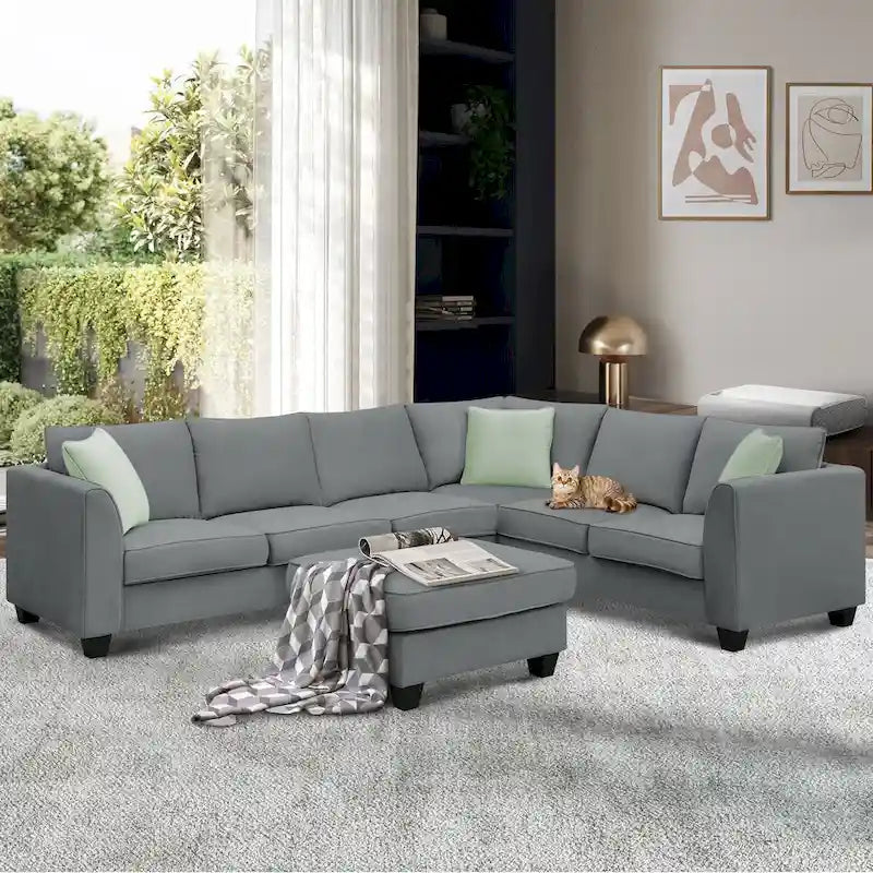 Canapé d'angle modulable 7 places de 112 pouces avec pouf et trois coussins - 112L x 87P x 33H