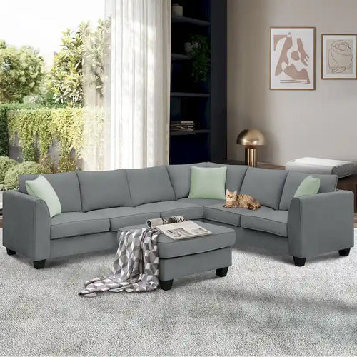 Canapé d'angle modulable 7 places de 112 pouces avec pouf et trois coussins - 112L x 87P x 33H