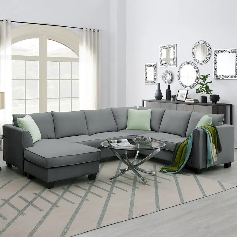 Canapé d'angle modulable 7 places de 112 pouces avec pouf et trois coussins - 112L x 87P x 33H