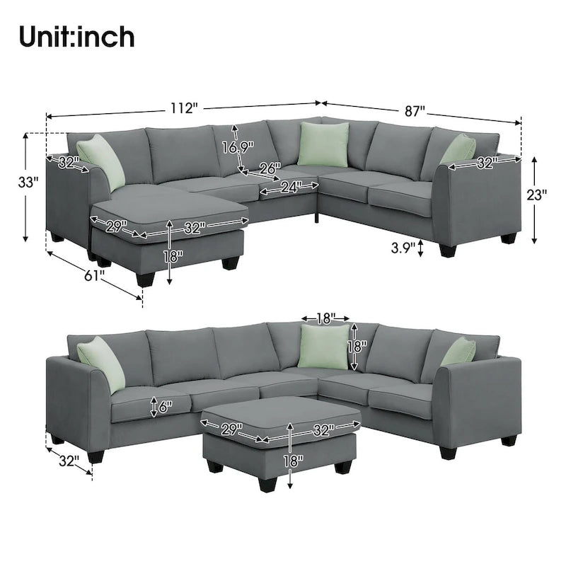 Canapé d'angle modulable 7 places de 112 pouces avec pouf et trois coussins - 112L x 87P x 33H