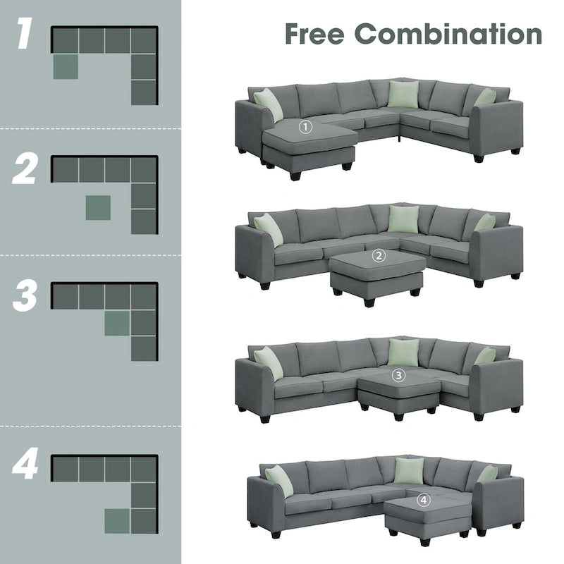 Canapé d'angle modulable 7 places de 112 pouces avec pouf et trois coussins - 112L x 87P x 33H