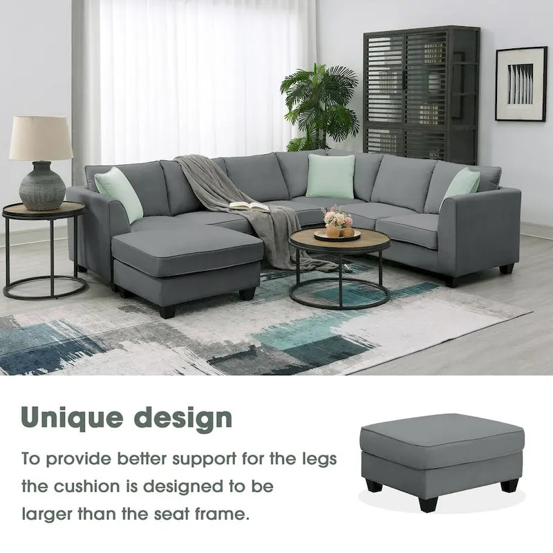 Canapé d'angle modulable 7 places de 112 pouces avec pouf et trois coussins - 112L x 87P x 33H