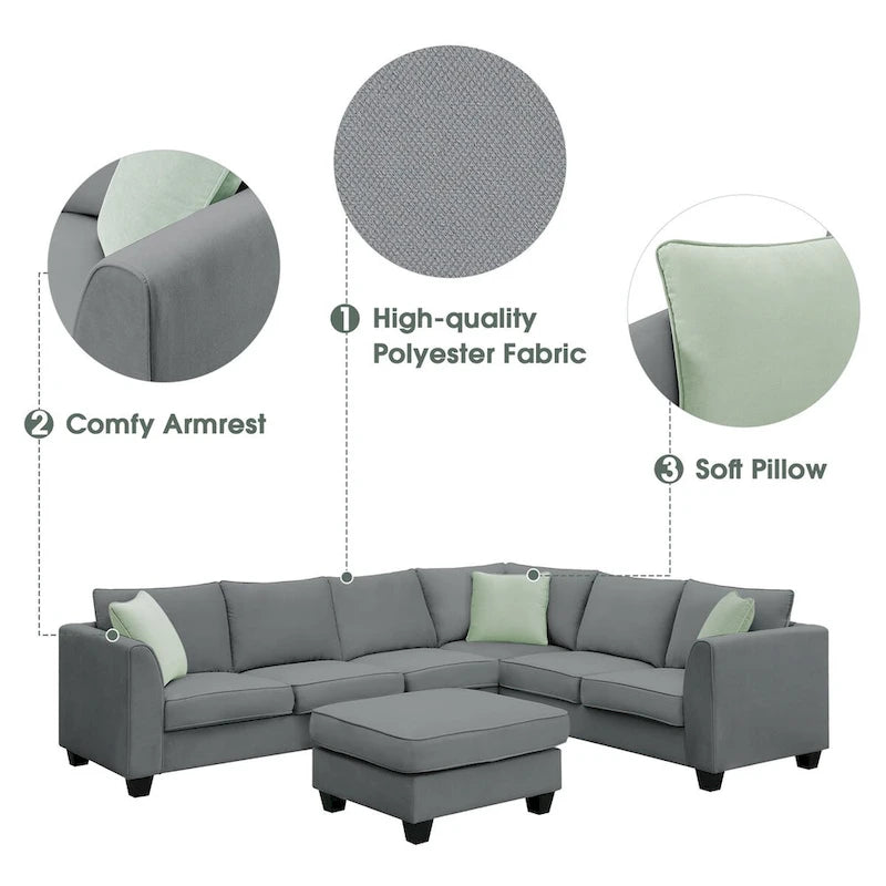 Canapé d'angle modulable 7 places de 112 pouces avec pouf et trois coussins - 112L x 87P x 33H