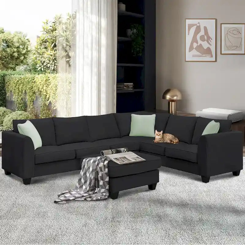 Canapé d'angle modulable 7 places de 112 pouces avec pouf et trois coussins - 112L x 87P x 33H