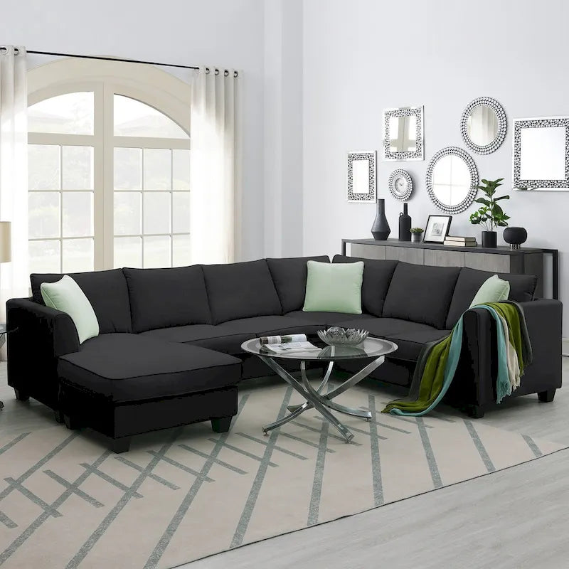 Canapé d'angle modulable 7 places de 112 pouces avec pouf et trois coussins - 112L x 87P x 33H