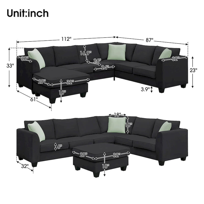 Canapé d'angle modulable 7 places de 112 pouces avec pouf et trois coussins - 112L x 87P x 33H