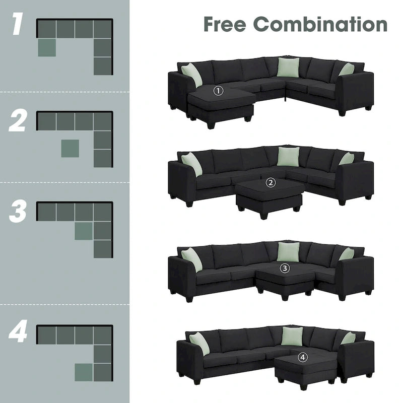 Canapé d'angle modulable 7 places de 112 pouces avec pouf et trois coussins - 112L x 87P x 33H