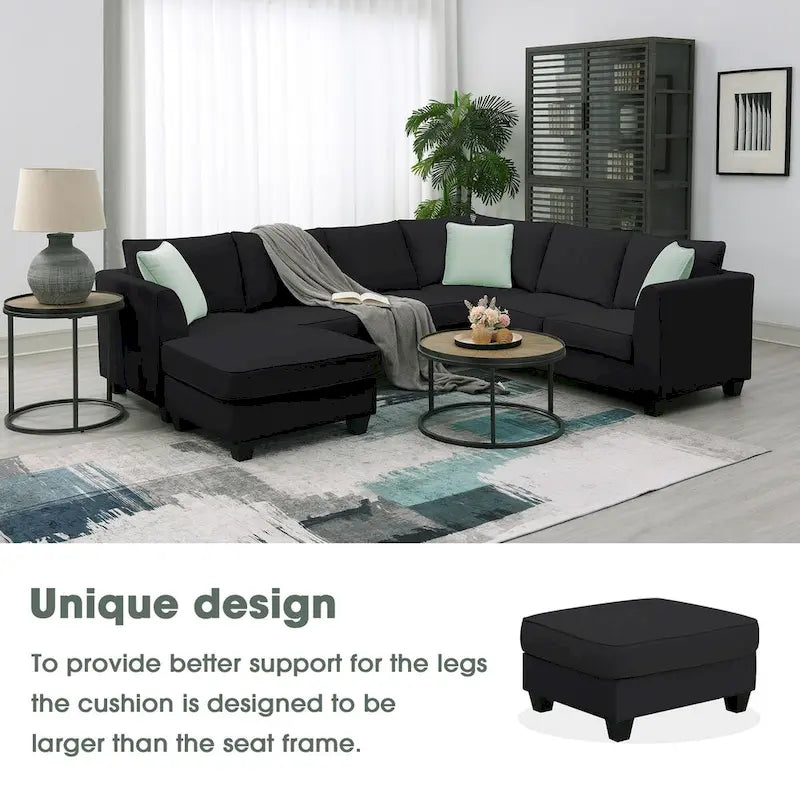 Canapé d'angle modulable 7 places de 112 pouces avec pouf et trois coussins - 112L x 87P x 33H