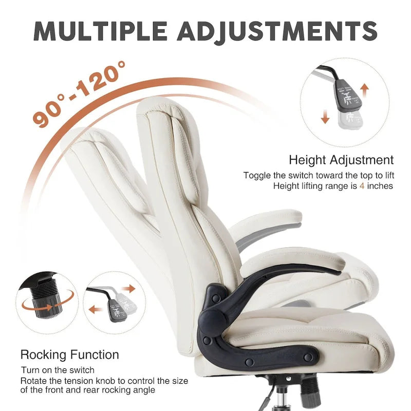 Chaise de bureau en cuir PU pour dirigeants, dossier haut, accoudoirs relevables, ergonomique et réglable pour bureau à domicile