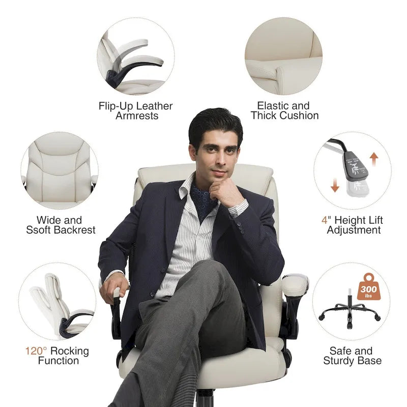 Chaise de bureau en cuir PU pour dirigeants, dossier haut, accoudoirs relevables, ergonomique et réglable pour bureau à domicile