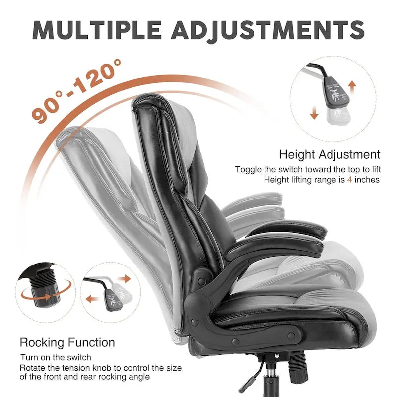 Chaise de bureau en cuir PU pour dirigeants, dossier haut, accoudoirs relevables, ergonomique et réglable pour bureau à domicile