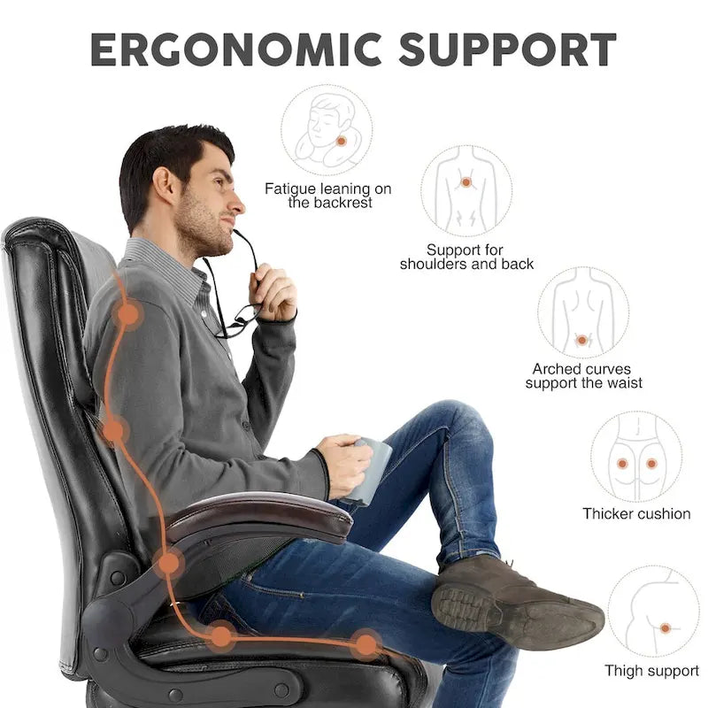 Chaise de bureau en cuir PU pour dirigeants, dossier haut, accoudoirs relevables, ergonomique et réglable pour bureau à domicile