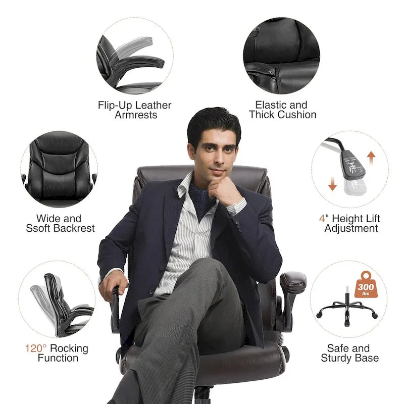 Chaise de bureau en cuir PU pour dirigeants, dossier haut, accoudoirs relevables, ergonomique et réglable pour bureau à domicile