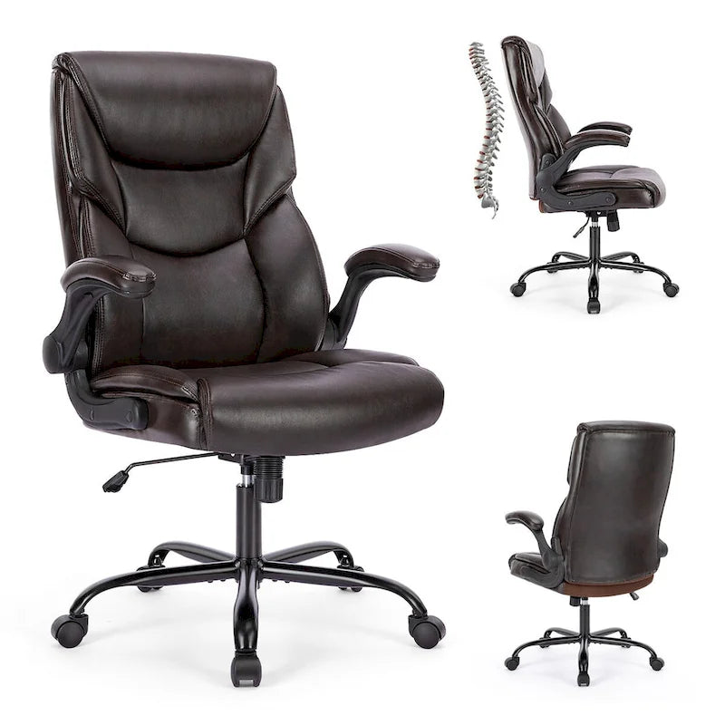 Chaise de bureau en cuir PU pour dirigeants, dossier haut, accoudoirs relevables, ergonomique et réglable pour bureau à domicile