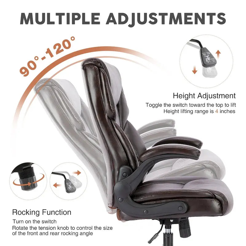 Chaise de bureau en cuir PU pour dirigeants, dossier haut, accoudoirs relevables, ergonomique et réglable pour bureau à domicile