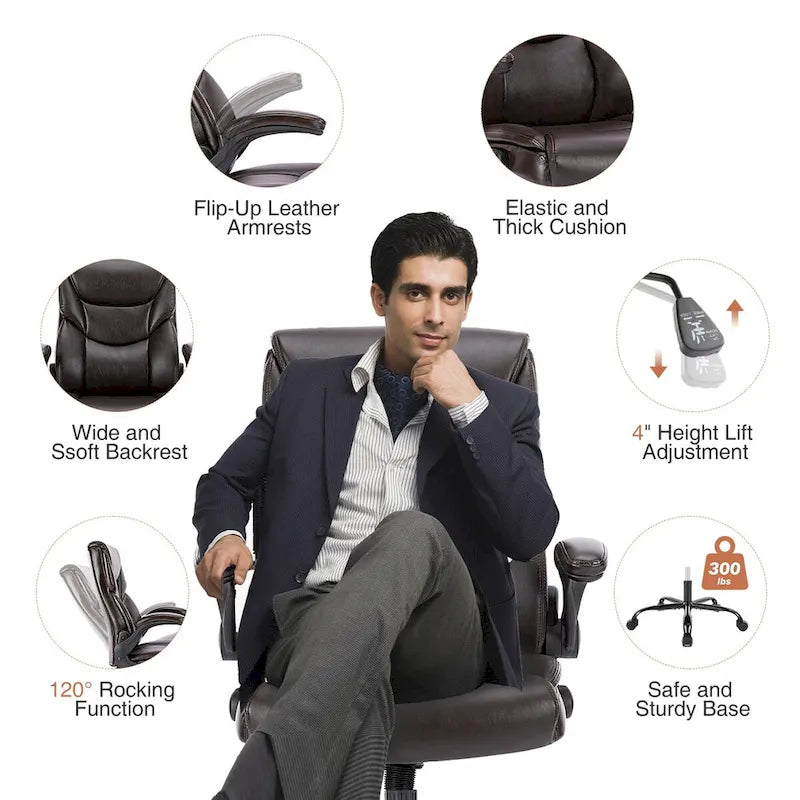 Chaise de bureau en cuir PU pour dirigeants, dossier haut, accoudoirs relevables, ergonomique et réglable pour bureau à domicile
