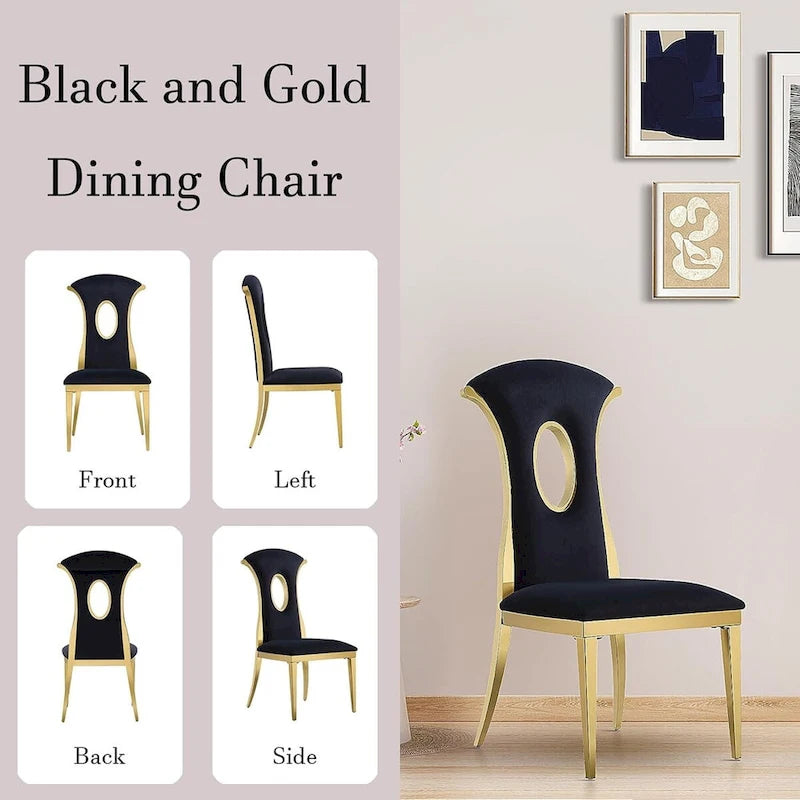 Chaises de salle à manger de luxe en velours noir avec pieds en or poli