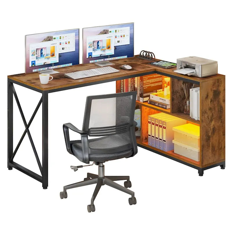 Bureau d'angle réversible en L — Bureau informatique et de jeu avec étagères